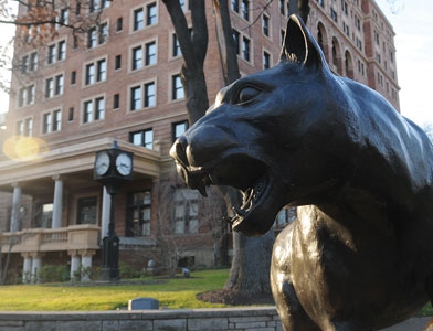 A Pitt Panther statue in front of the William Pitt Union