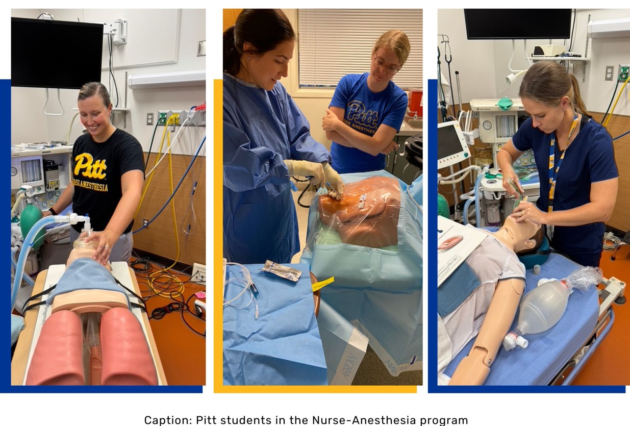Three photos of students in the nurse-anesthesia program practicing procedures on patient manikins
