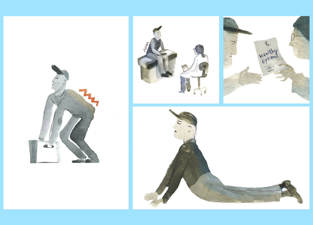 4-panel illustration, Man injuring his back picking up a heavy box. Man with back injury discussing care options with his doctor. Doctor prescribes patient healthy nonopioid treatment options. Man with injured back can do a backbend pain free.