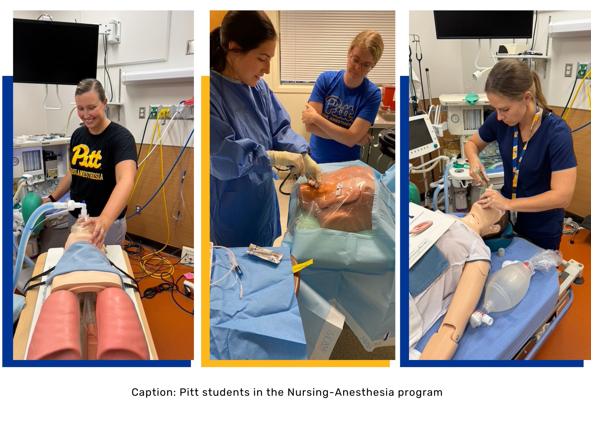 Three photos of students in the nurse-anesthesia program practicing procedures on patient manikins